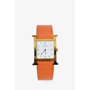 Hermès 2011 Orange Leather/Gold Toned 'H' Heure Medium 30 mm Single Tour Watch